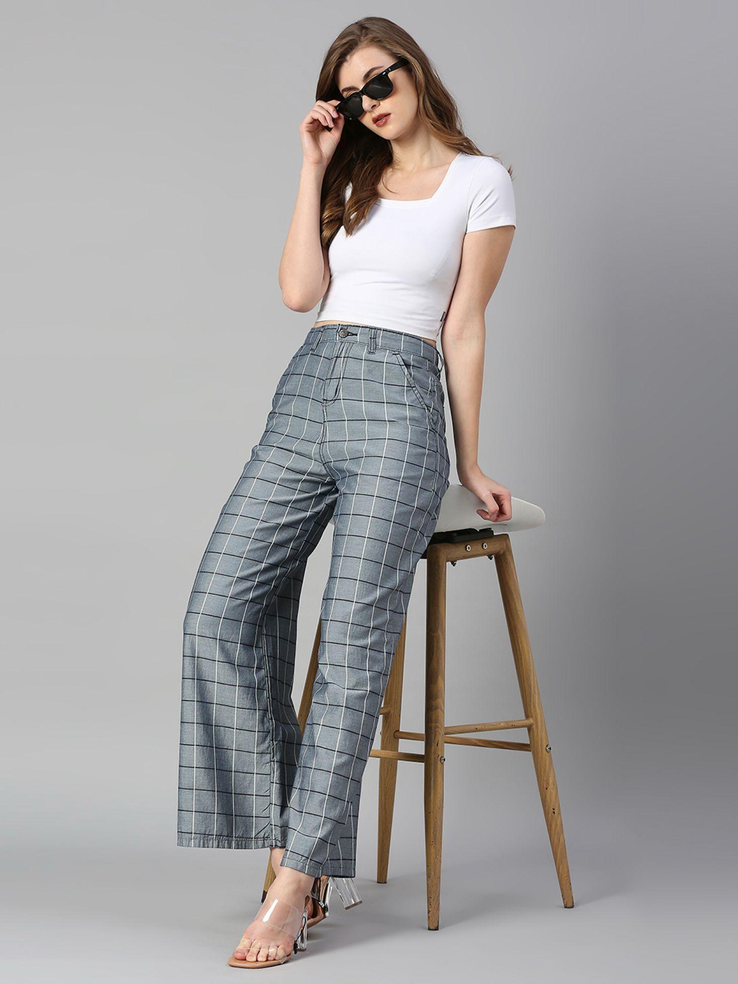 women checked flared high-rise trousers