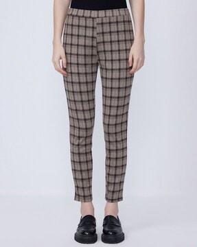 women checked flat-front regular fit trousers