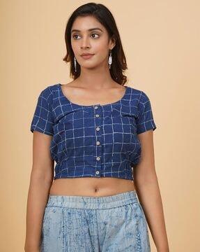 women checked front open blouse