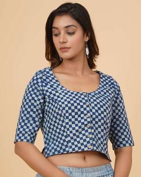 women checked front open blouse