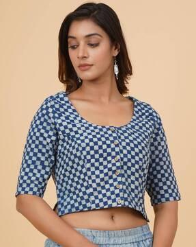 women checked front-open blouse