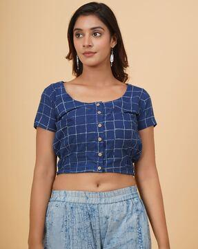 women checked front-open blouse