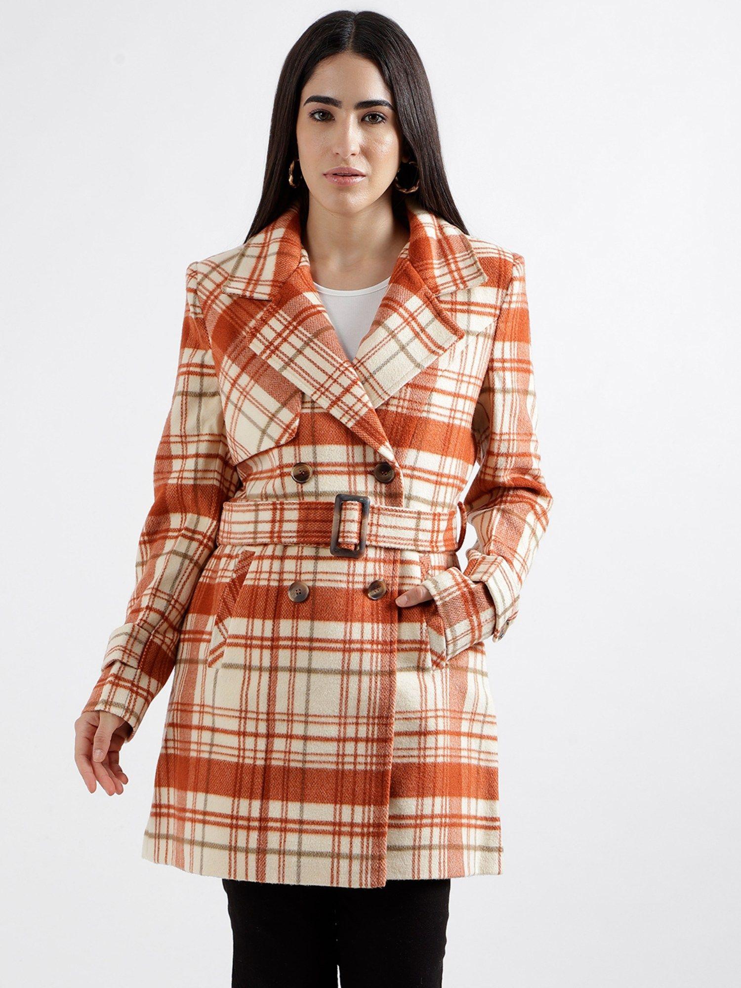 women checked full sleeves notched lapel overcoat (set of 2)