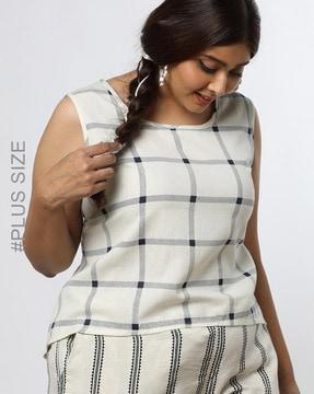 women checked high-low hem top