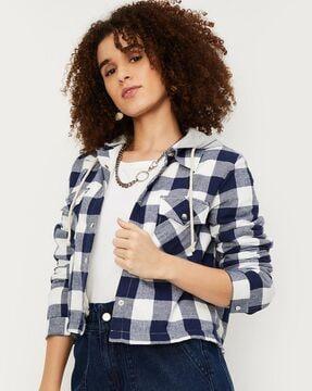 women checked hooded jacket