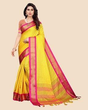 women checked kanjeevaram silk saree with tassels