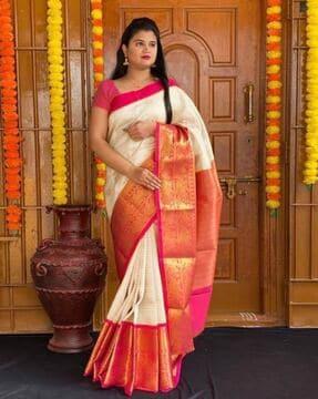 women checked kanjeevaram silk saree with zari border