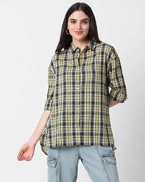 women checked oversized  shirt with spread collar