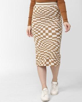 women checked pencil skirt with elasticated waist