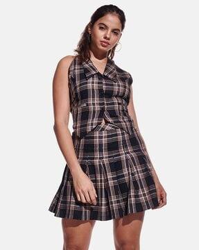 women checked pleated a-line skirt