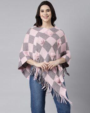 women checked poncho with fringes