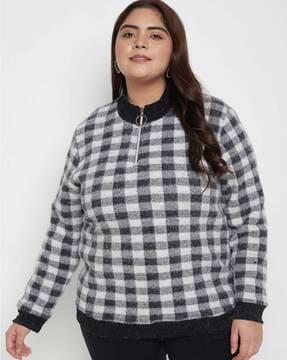 women checked pullover with half-zip closure