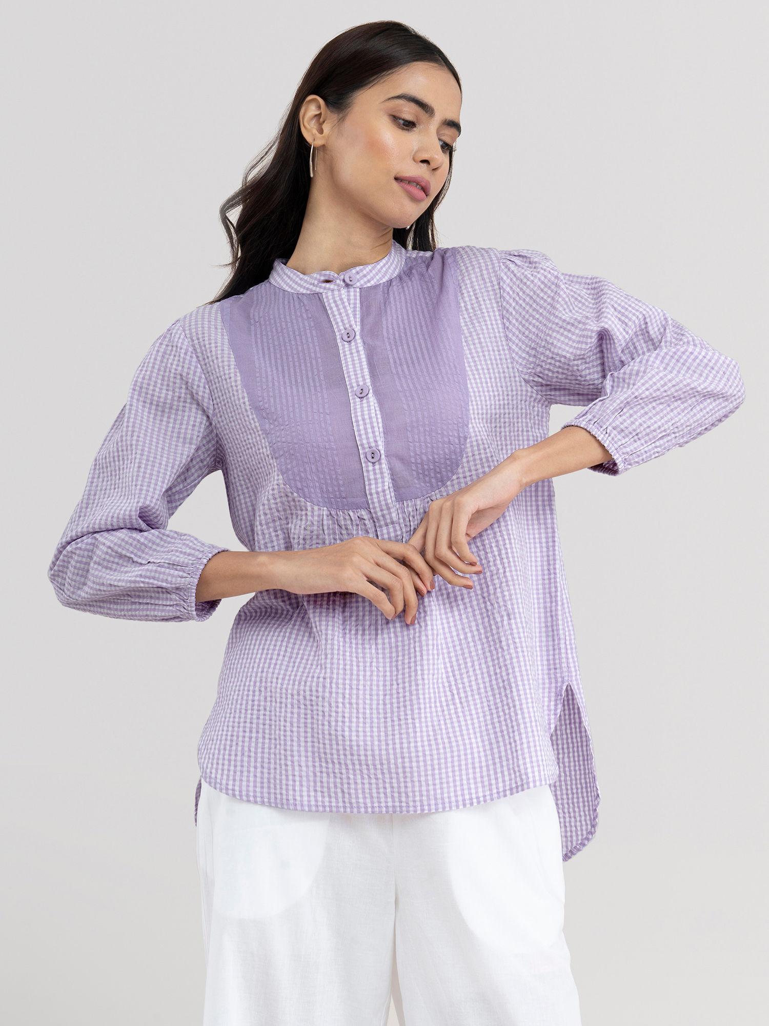 women checked purple print top