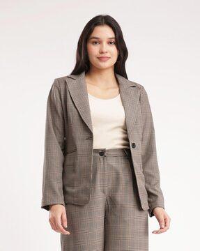 women checked regular fit blazer with full sleeves