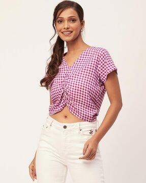 women checked regular fit blouson top