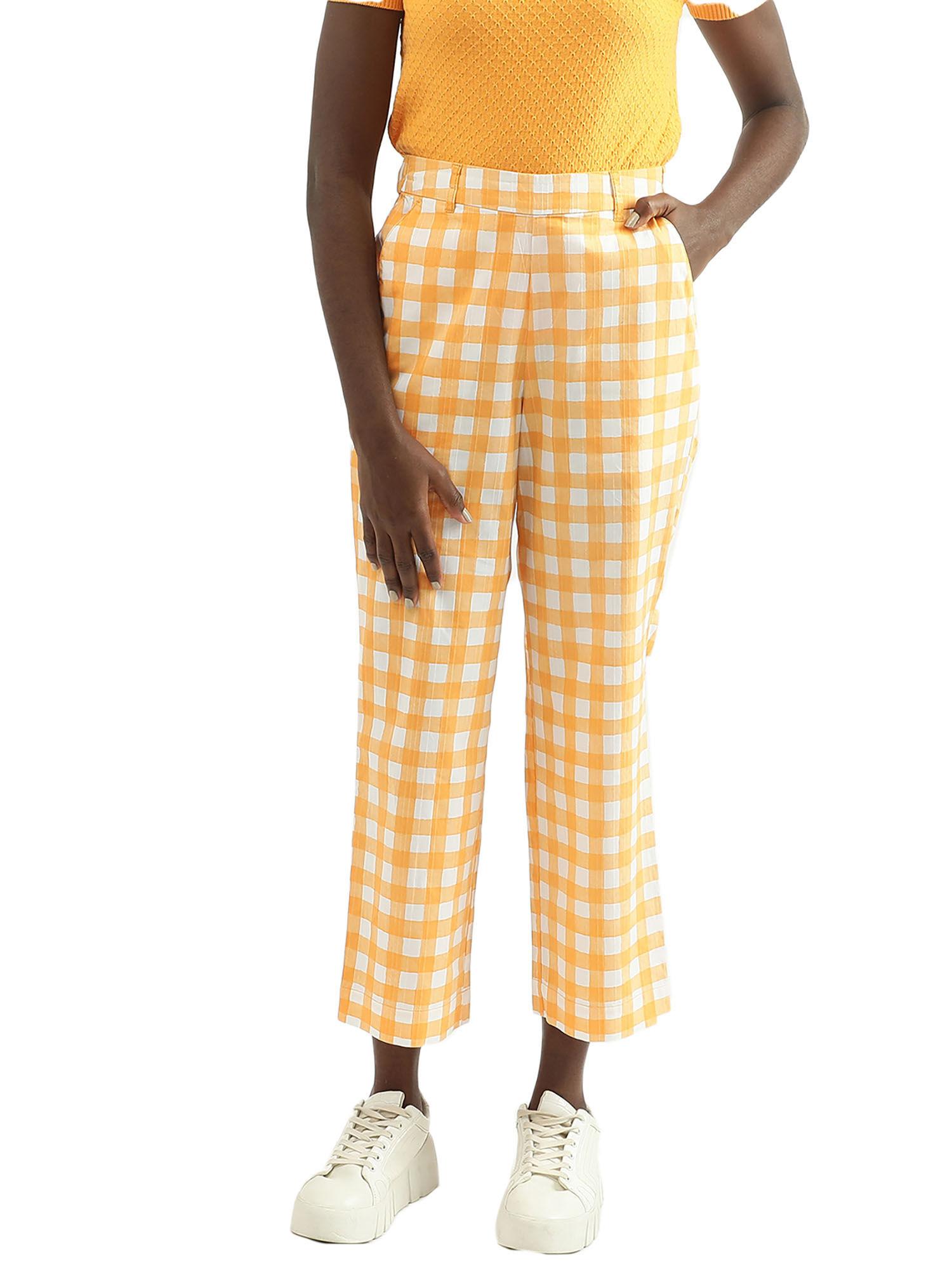 women checked regular fit orange trousers