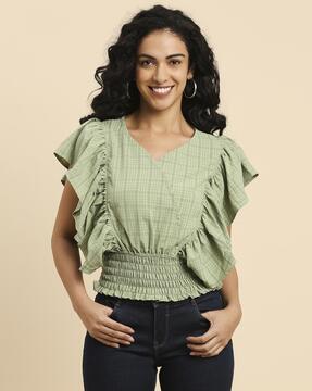 women checked regular fit ruffled top