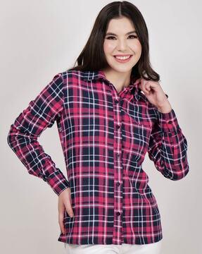 women checked regular fit shirt with patch pocket