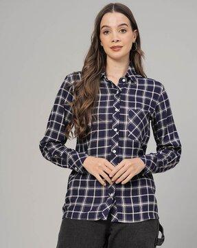 women checked regular fit shirt with patch pocket