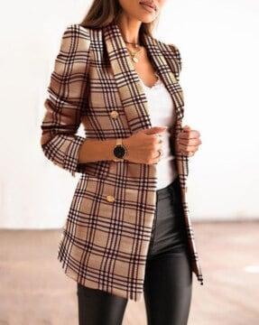 women checked regular fit trench coat