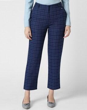 women checked regular fit trousers