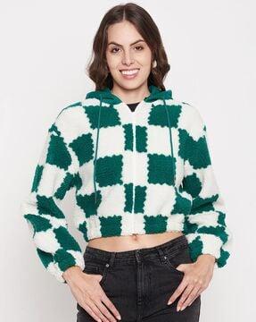 women checked relaxed fit crop hoodie