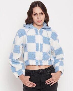 women checked relaxed fit crop hoodie