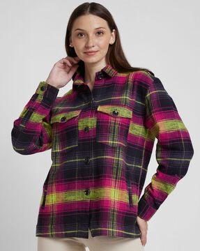 women checked relaxed fit shirt with flap pockets