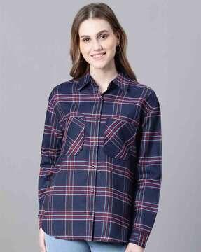 women checked relaxed fit shirt with patch pockets