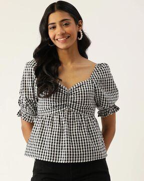 women checked relaxed fit sweetheart-neck top