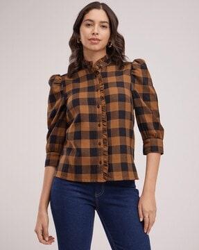 women checked relaxed fit top with ruffled detail
