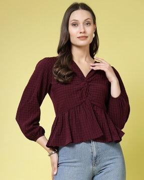 women checked relaxed fit twist-front top