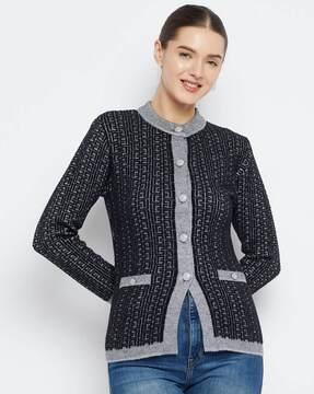 women checked round-neck cardigan