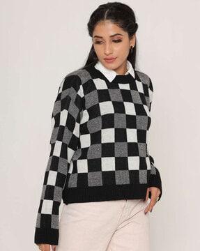 women checked round-neck pullover