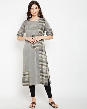 women checked round-neck straight kurta