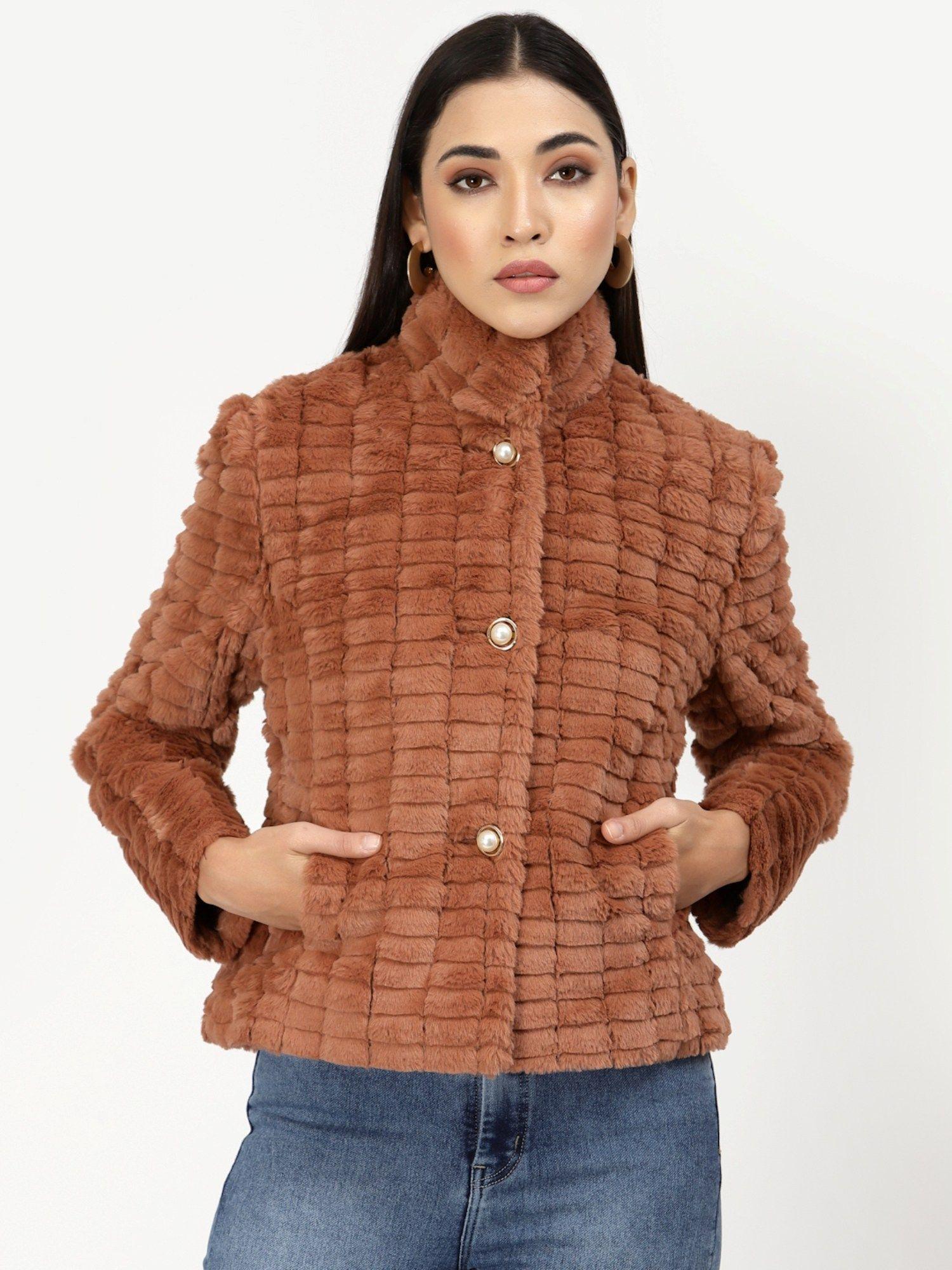 women checked rust over coat