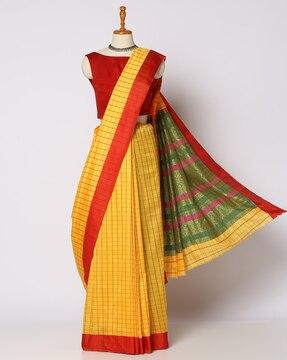 women checked saree with contrast border