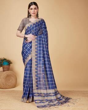 women checked saree with tassels