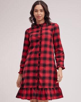 women checked shirt dress with mandarin neck