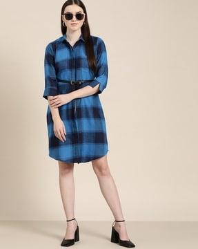 women checked shirt dress with patch pocket