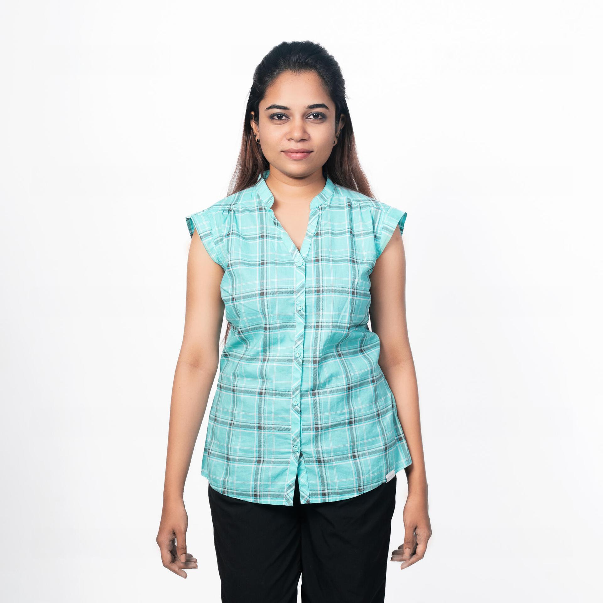 women checked sleeveless shirt light blue - travel 50