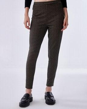 women checked slim fit flat-front pants