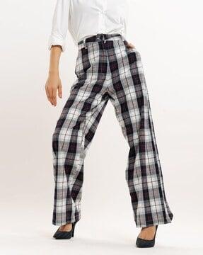 women checked straight fit flat-front pants