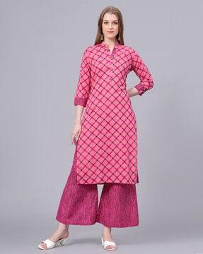 women checked straight kurta & palazzos set