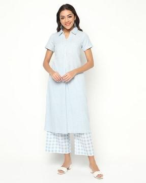 women checked straight kurta set