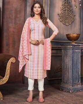 women checked straight kurta set