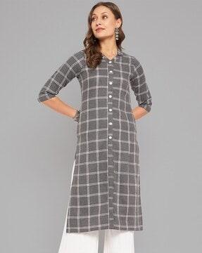 women checked straight kurta with round neck