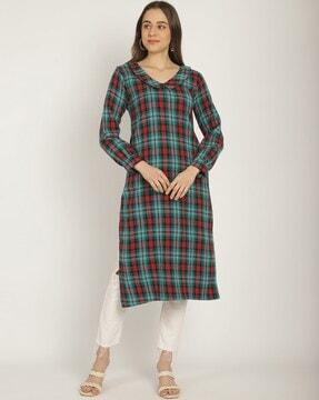 women checked straight kurta