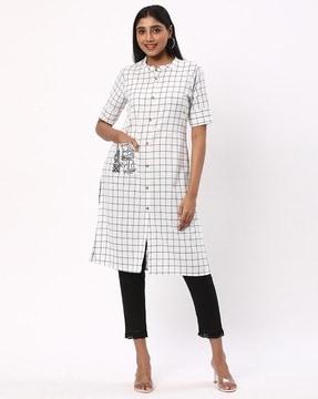 women checked straight kurta