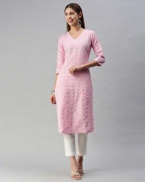 women checked straight kurta